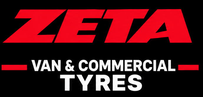 Zeta Van & Commercial Tyres logo with red and white text on a black background.