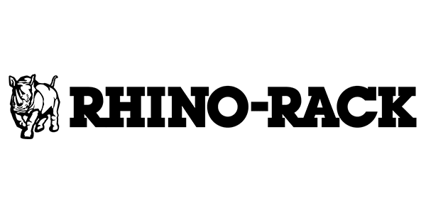 Rhino-Rack logo featuring a stylized rhinoceros illustration next to the brand name in bold, black letters.