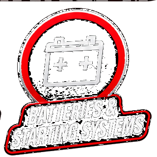 Logo of a robot battery with a smiling face inside a red and blue circle, with text reading 'Batteries & Starting Systems' underneath.
