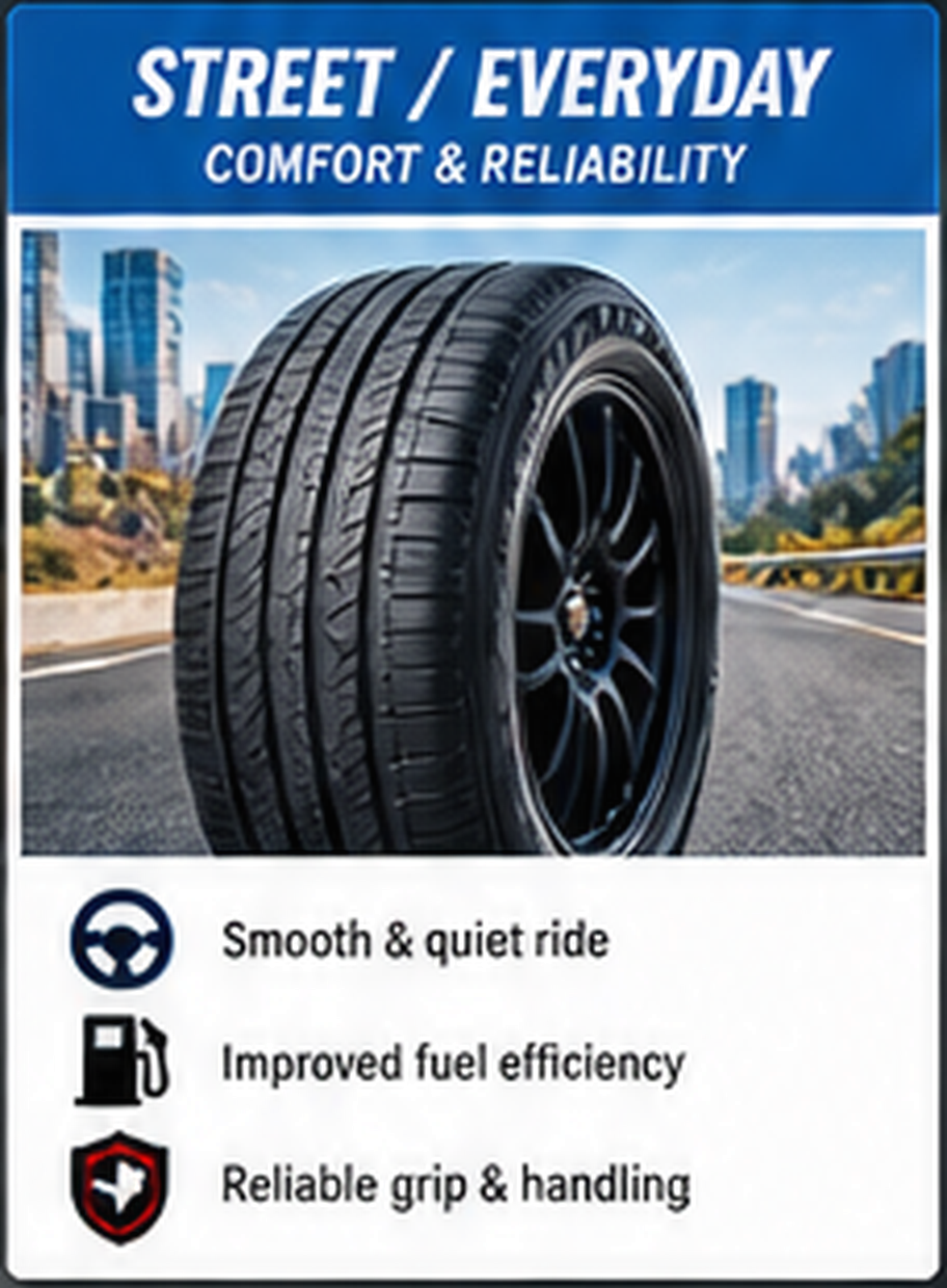 A car tire on a city street with tall buildings in the background, advertising tires for comfort, reliability, smooth ride, fuel efficiency, and good grip.