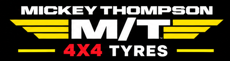 Mickey Thompson M/T 4x4 tires logo with yellow wing-like design elements