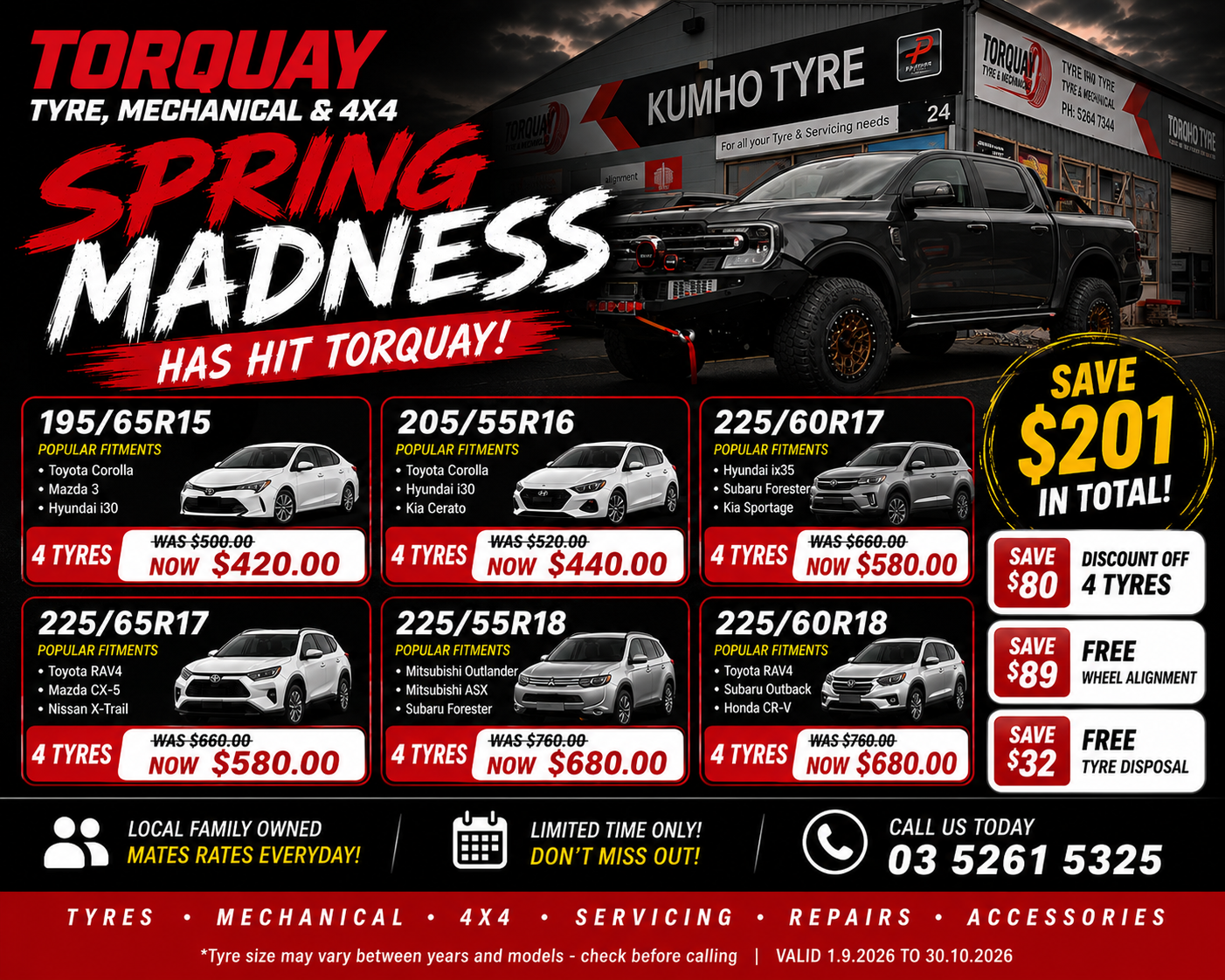 Advertisement for Torquay Tyre, Mechanical & 4x4 Spring Madness sale featuring discounted prices on various tire sizes and models, with a black pickup truck in front of a tire shop.