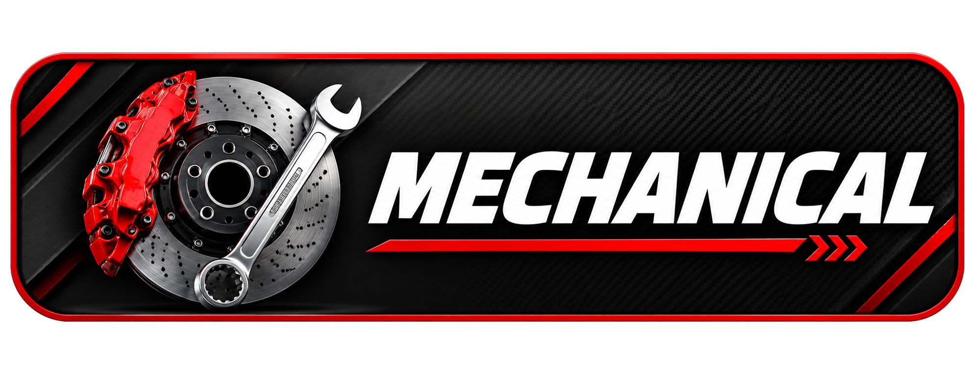 Graphic with mechanical car parts like a brake disc, red brake caliper, wrench, and the word 'Mechanical' in bold white letters on a black background with red accents.