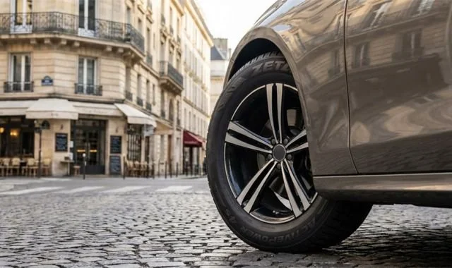 Close-up of a car's front wheel on a cobblestone street in an urban area with classic European-style buildings.