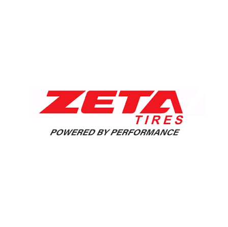 Zeta Tires logo with slogan 'Powered by Performance' in red and black text on a white background.