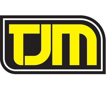 Bold yellow text 'TJM' inside a black and white outlined rectangle logo.