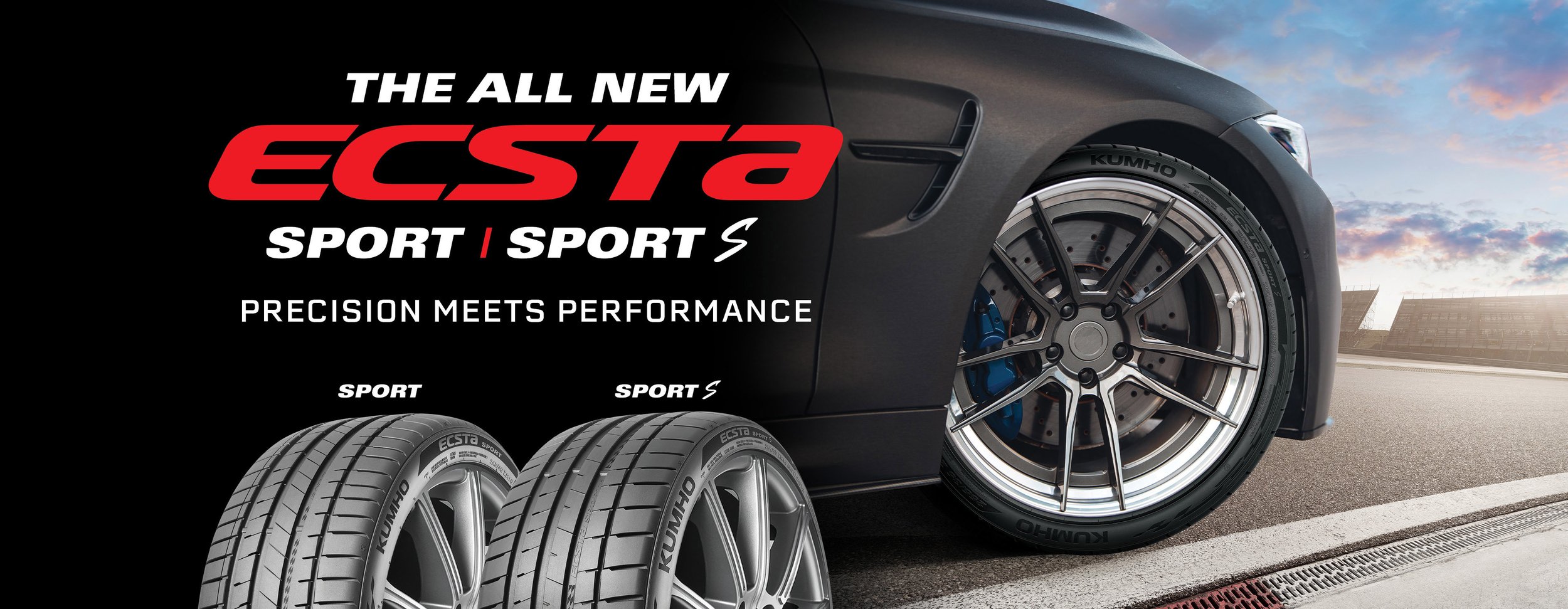 Advertisement for Kumho Ecsta sports tires featuring a black sports car and two tires, with the text 'The All New Ecsta Sport | Sport S' and 'Precision Meets Performance'.