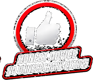 Thumbs up icon inside a red circle with text that reads 'Honest Advice, No Unnecessary Extras'.