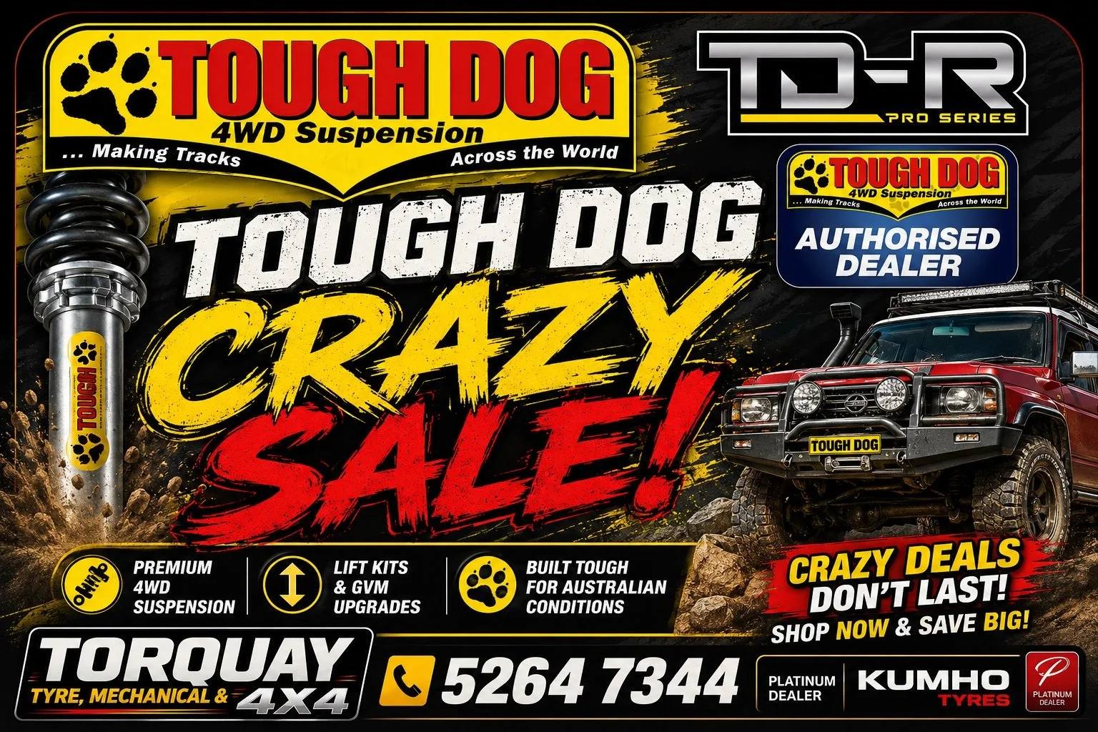 Flyer for Tough Dog 4WD suspension sale featuring a red off-road vehicle and bold graffiti-style text.