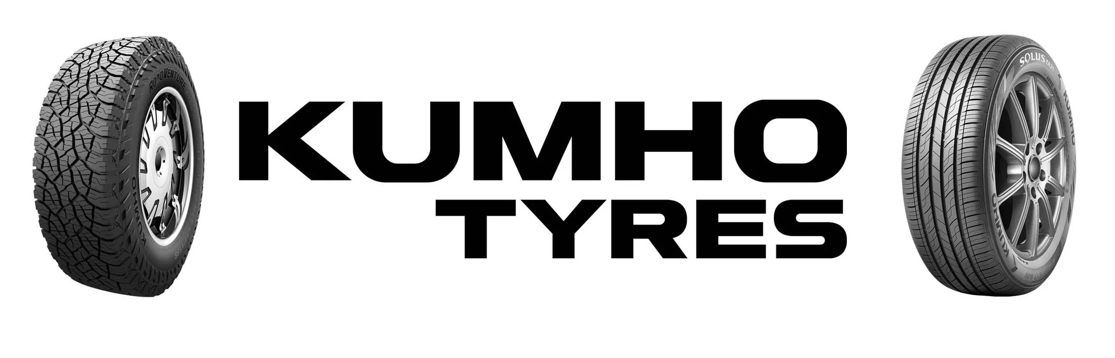 Image shows two car tires on each side of the text 'KUMHO TYRES' with a white background.