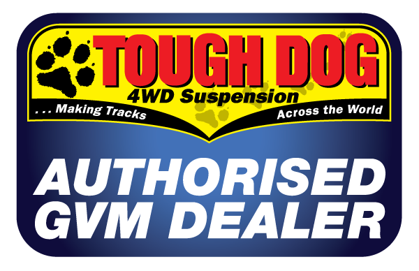 Sticker for Tough Dog 4WD Suspension with green background, black paw print, red and yellow logo, and white text stating 'Authorized GVM Dealer'.