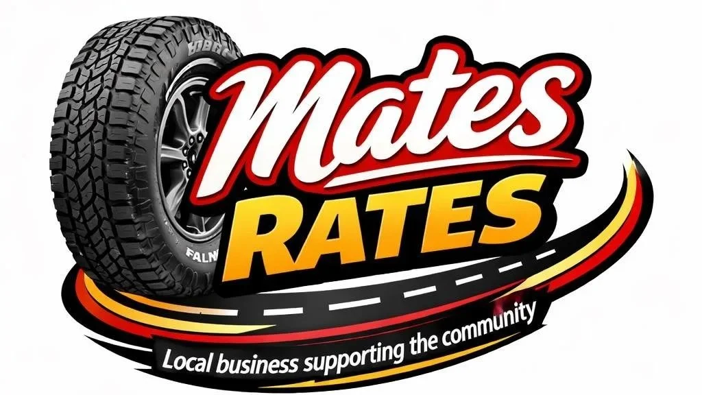 Logo for Mates Rates, a local business supporting the community, featuring a tire and a stylized road with red, yellow, and black accents.