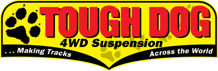 A logo for Tough Dog 4WD Suspension featuring a black paw print, bold red text, and black and yellow design elements.