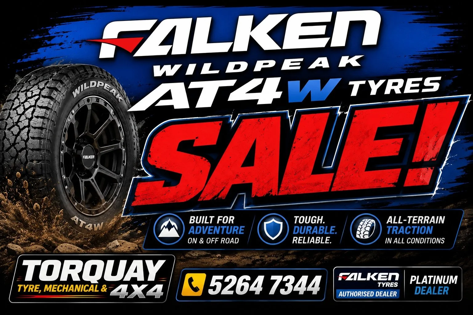 Advertisement for Falken Wildpeak AT4W tires with bold red and white text, a rugged tire image, and icons highlighting adventure, durability, and all-terrain traction.