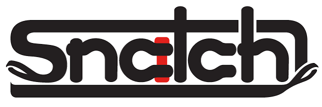 The word 'snatch' written in stylized black font with a red and black hook integrated into the design.