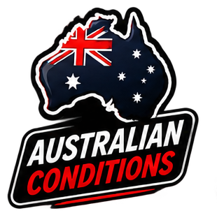 Graphic of the Australian map with the Australian flag and the text 'Australian Conditions' in white and red