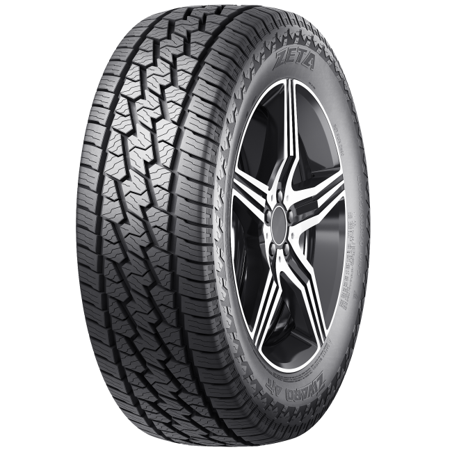 A car tire with a black alloy wheel, mounted on a vehicle. The tire has a detailed tread pattern.
