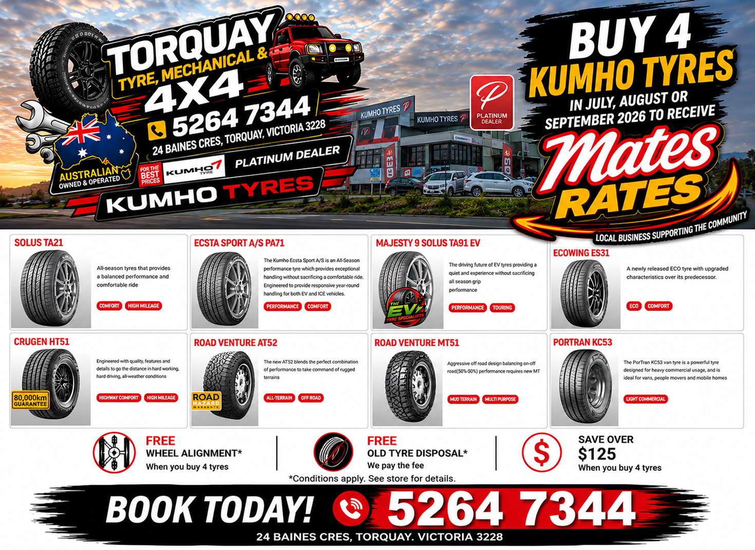 Advertisement for Kumho Tyres promoting a buy 4, get discounted rates offer. Features various tire models and details on the dealership, including contact information, location, and special offers such as free wheel alignment and old tire disposal when purchasing four tires.
