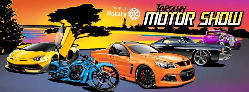 Skyline with orange sports car, yellow Lamborghini, blue motorcycle, black vintage car, and purple classic car at Torquay Motor Show during sunset.