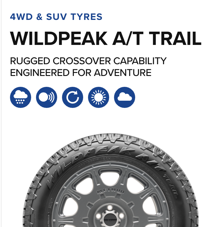 Advertisement for Wildpeak A/T Trail tires with rugged design, emphasizing their crossover capability for adventure, featuring icons indicating suitability for rain, sound, rotation, sun, and clouds.