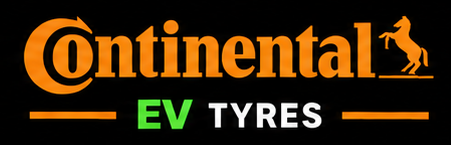Continental EV Tyres logo with orange and green text and a horse silhouette on a black background.