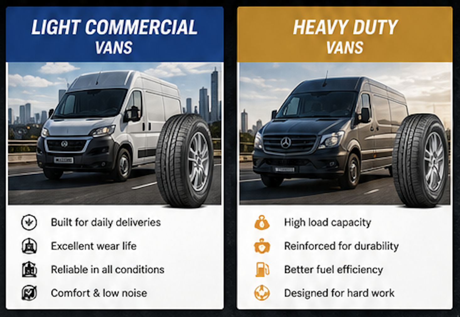 Comparison of light commercial vans and heavy-duty vans showing features and benefits. Light commercial van on the left with city skyline background, includes icons and text: built for daily deliveries, excellent wear life, reliable in all conditions, comfort and low noise. Heavy-duty van on the right with city skyline background, includes icons and text: high load capacity, reinforced for durability, better fuel efficiency, designed for hard work.
