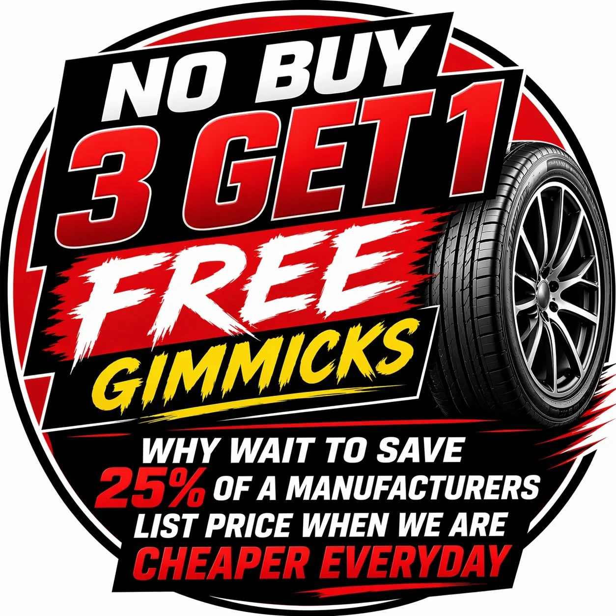 Promotional circular graphic advertising a tire sale, highlighting no purchase necessary, 3 free Gimmicks, and savings of 25% off list prices, with a tire image on the right side.