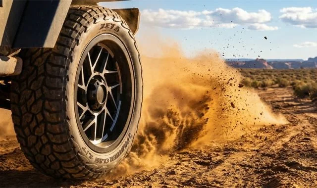 Close-up of a vehicle tire kicking up dirt on a desert trail with a scenic landscape in the background.