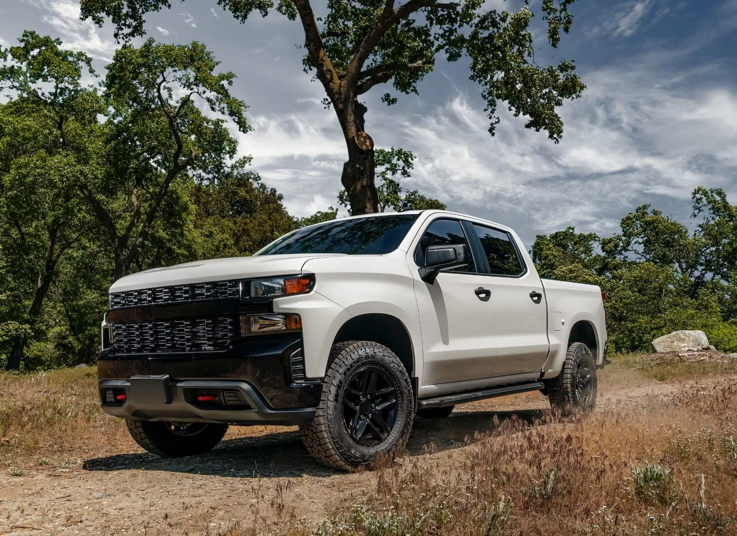 A white pickup truck with black accents on a dirt path surrounded by trees with green foliage under a partly cloudy sky.