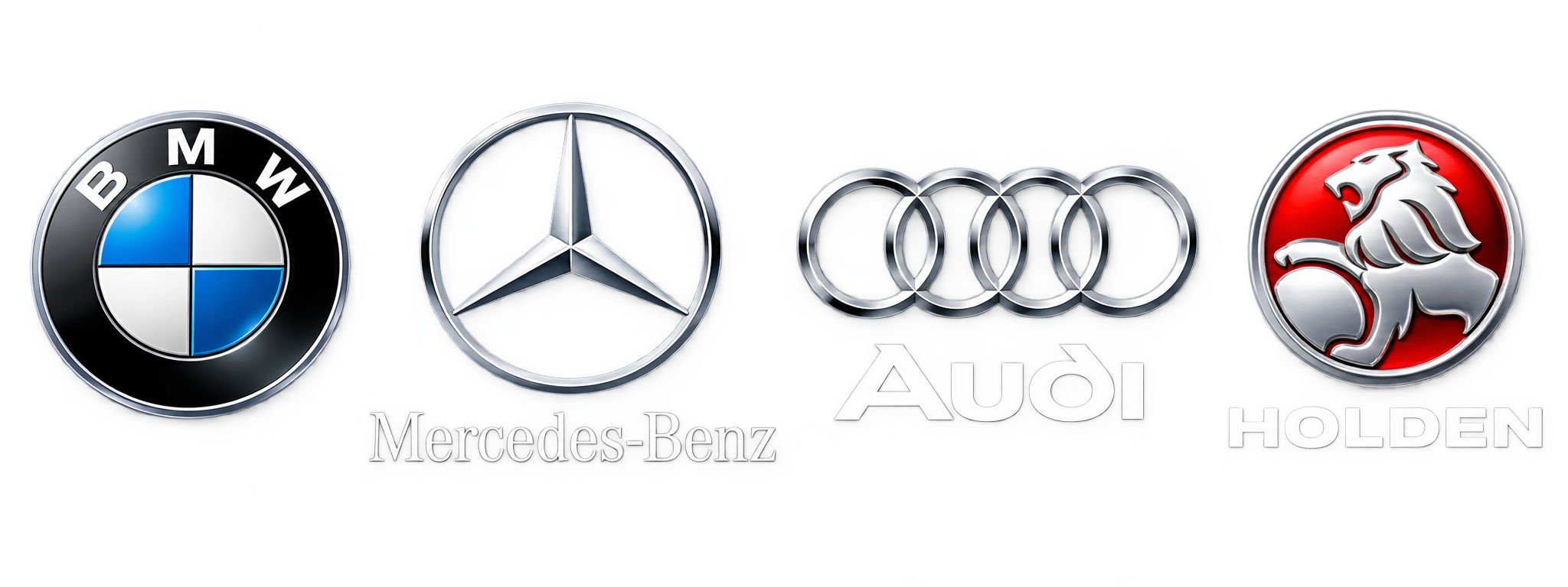 Logos of BMW, Mercedes-Benz, Audi, and Holden car brands arranged side by side.
