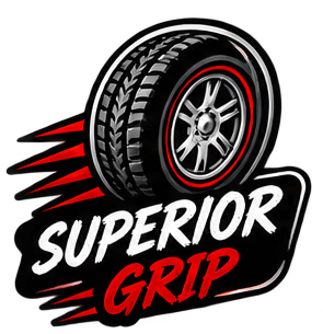 Graphic of a tire with red streaks and the text 'Superor Grip' in stylized font.
