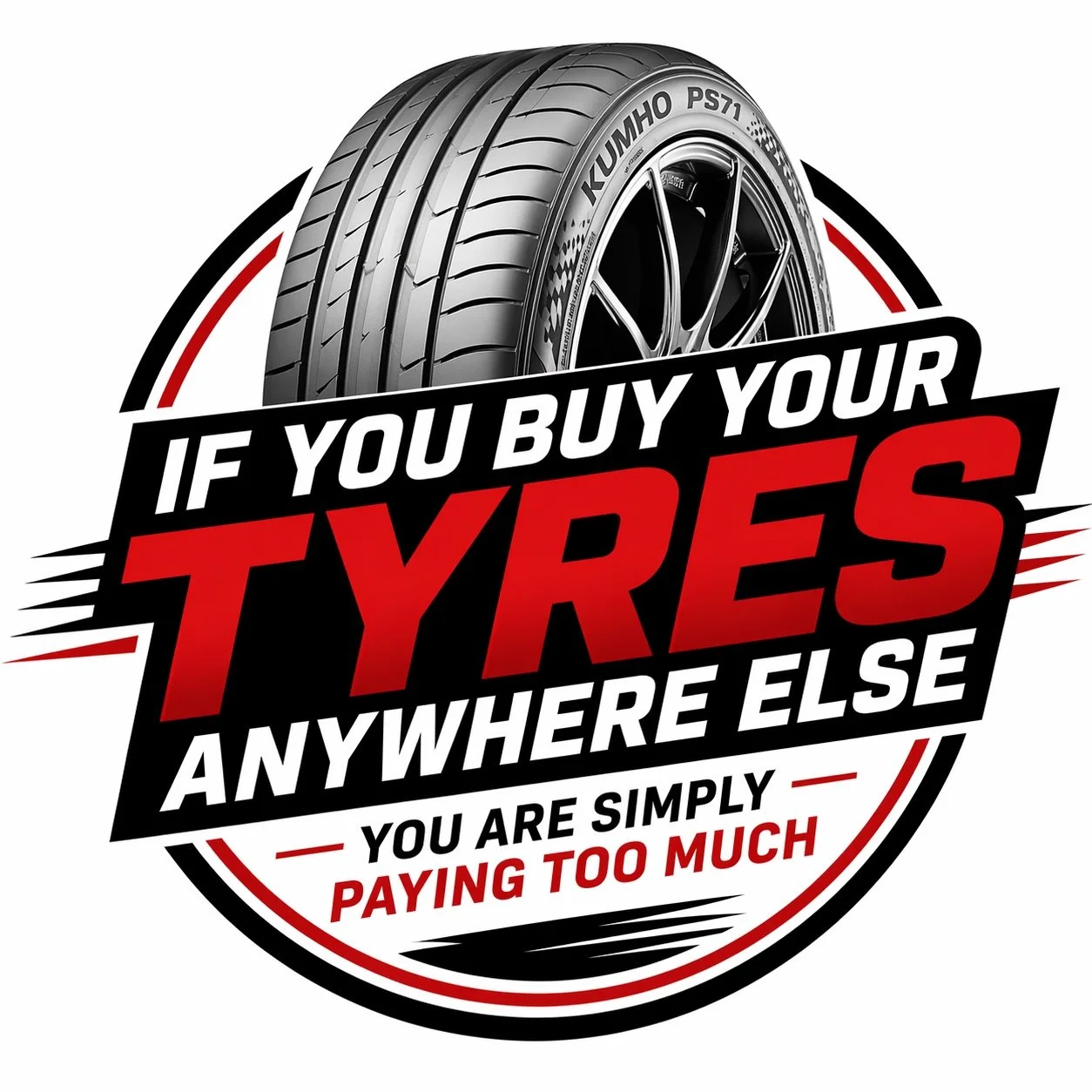 A promotional graphic for tires featuring a close-up of a tire and bold text that reads, 'If you buy your tires anywhere else, you are simply paying too much.'