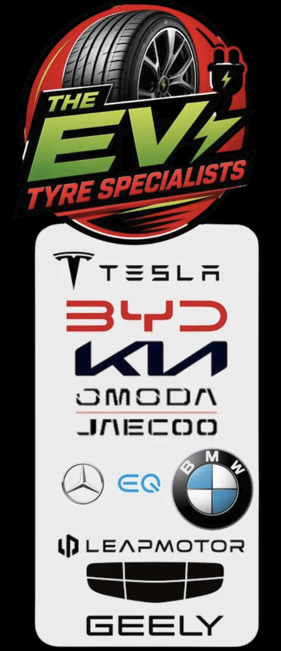 Logo for The EV Tyre Specialists featuring a tire, an electric car plug, and text. Below are logos of various electric vehicle brands including Tesla, BMW, Mercedes-Benz, Audi, Kia, Skoda, Jaecoo, Leapmotor, GAC, and Geely.