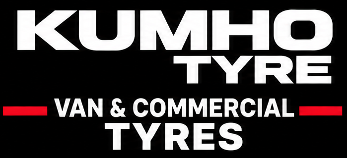 Kumho Tyre logo with the words 'Van & Commercial Tyres' and red lines on a black background.