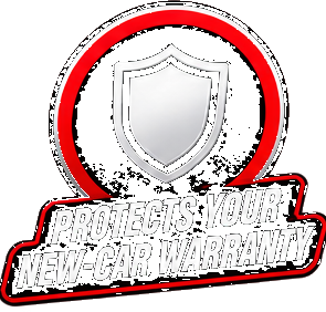 A badge with a shield icon and a red circle border, featuring the text 'Protects Your New Car Warranty' in bold white and red letters.