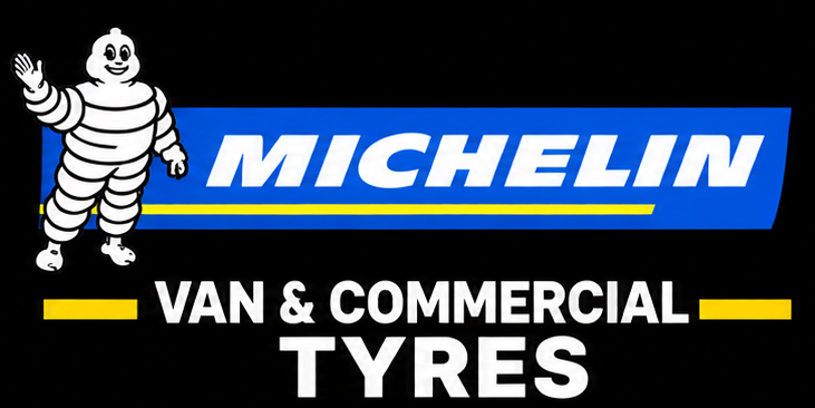 Michelin logo with the Michelin Man waving, featuring large white text saying "Michelin Van & Commercial Tyres" on a black background.