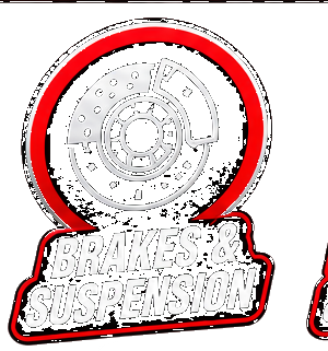 Graphic featuring a vehicle brake disc with a red and black background, and the text 'Brakes & Suspension' in bold white letters.