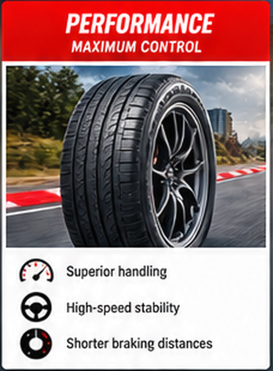 Close-up of a black car tire on a racing track with a cityscape and greenery in the background, and bold red and white text at the top reading 'Performance Maximum Control'. Below, icons and text highlight features: superior handling, high-speed stability, and shorter braking distances.
