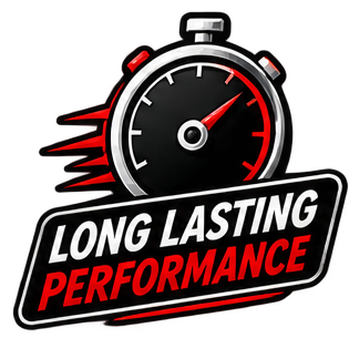 A stopwatch with red accents and a label that reads "Long Lasting Performance" in white and red text.