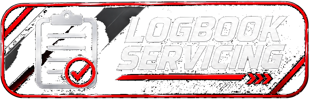 Graphic logo for 'Logbook Servicing' featuring a clipboard with a checkmark inside a red circle on a black background with red accents.