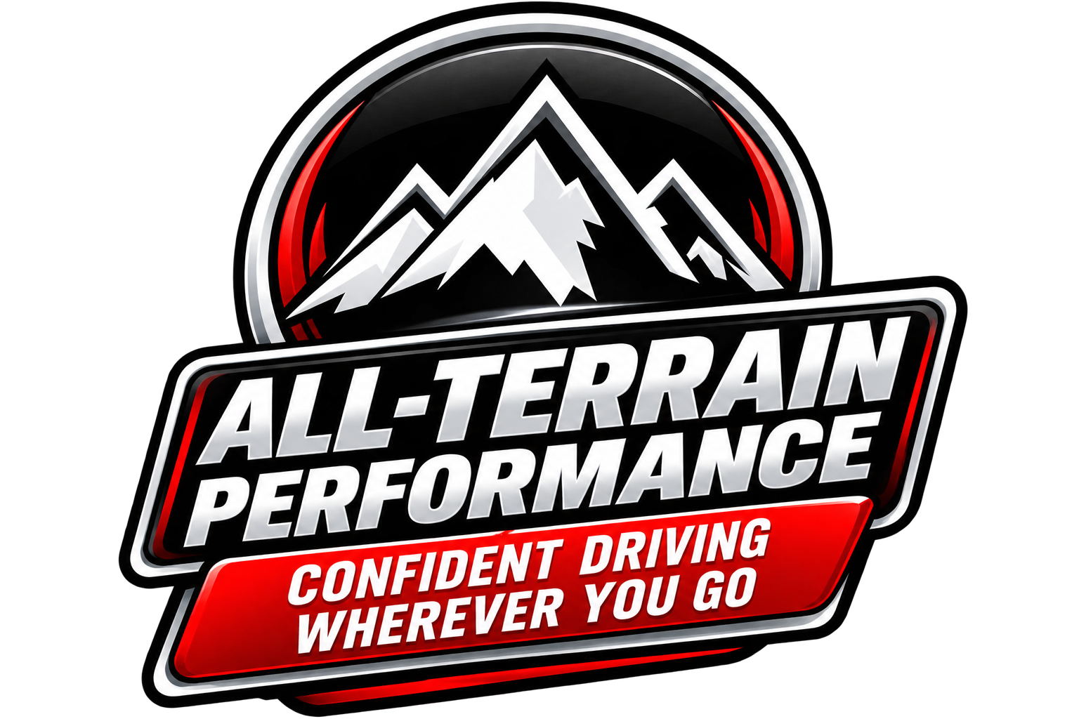 A logo for All-Terrain Performance featuring a mountain graphic with the slogan 'Confident driving wherever you go.'