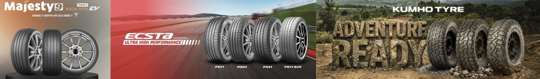 Three different brands of car tires displayed: Majest 9 Solus EV, Ecsta, and Kumho Tyre, set against backgrounds representing automotive or off-road environments.