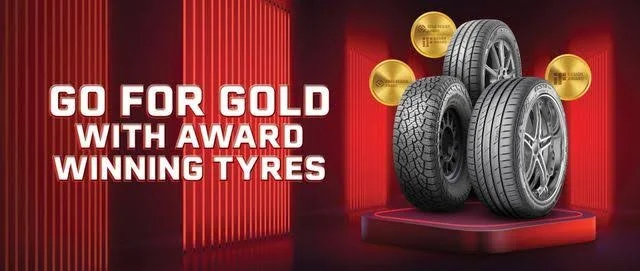 Image of four tires with gold award medals behind each, next to text that says 'Go for Gold with Award Winning Tyres' in bold white letters on a red background.
