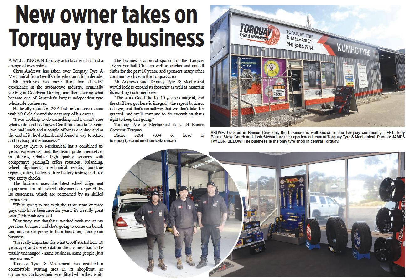 Newspaper article about Torquay Tyre & Mechanical, featuring photos of the business exterior, a team of three mechanics inside, and the tyre shop interior with tyre products on display.
