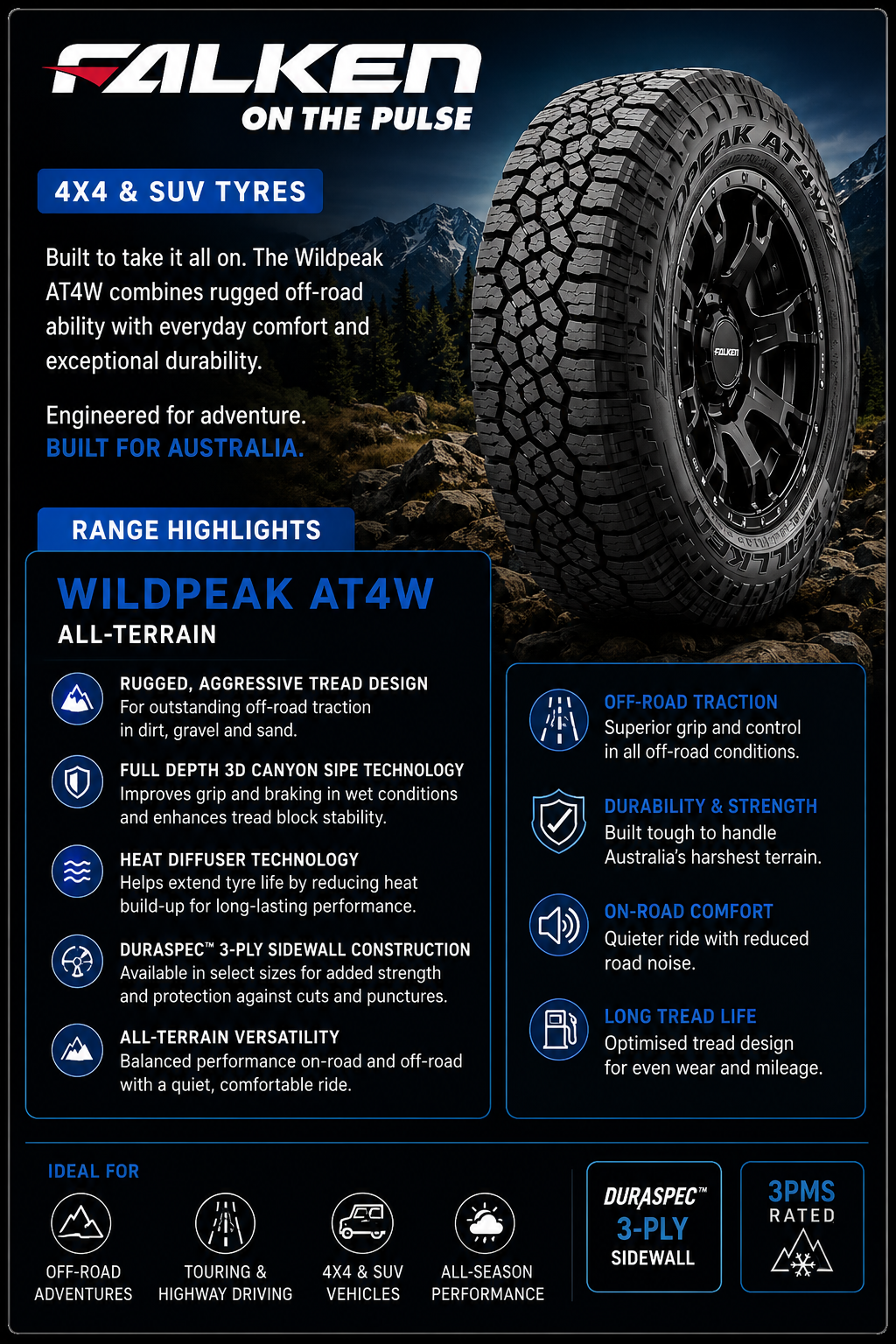 A Falken Wildpeak AT4W all-terrain tire against a mountainous background with trees and rocks.
