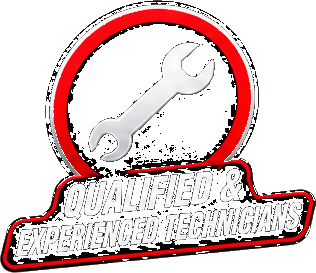 A logo featuring a wrench inside a red circle with a black background, with the text 'Qualified & Experienced Technicians' below.
