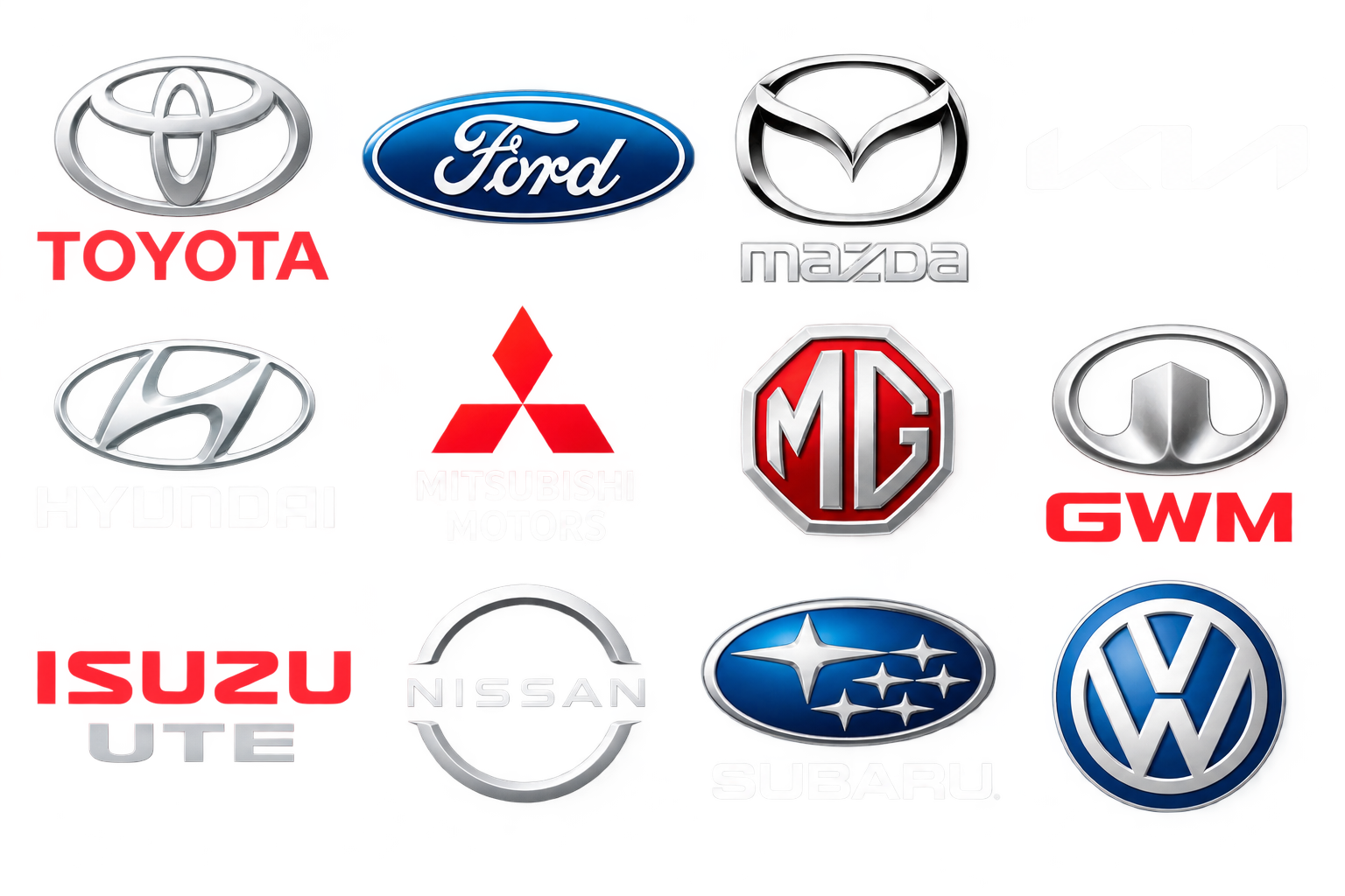 A collage of car brand logos including Toyota, Ford, Mazda, Hyundai, Mitsubishi, MG, GWM, Isuzu, Nissan, Subaru, Volkswagen, and others.