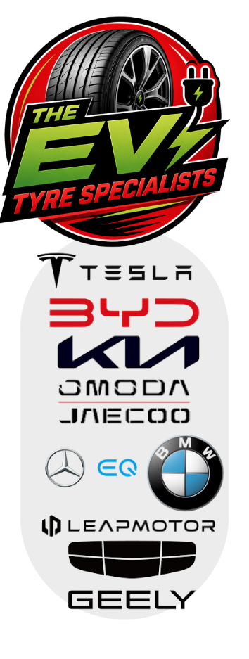 Logo for The EV Tyre Specialists featuring a tire and electric plug design, with logos of electric vehicle and car brands including Tesla, BYD, Kia, UMDA, Jacoco, Mercedes-Benz, EQ, BMW, Leapmotor, Geely.