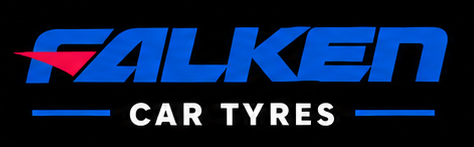 Falken Car Tyres logo with bold blue and white text on a black background
