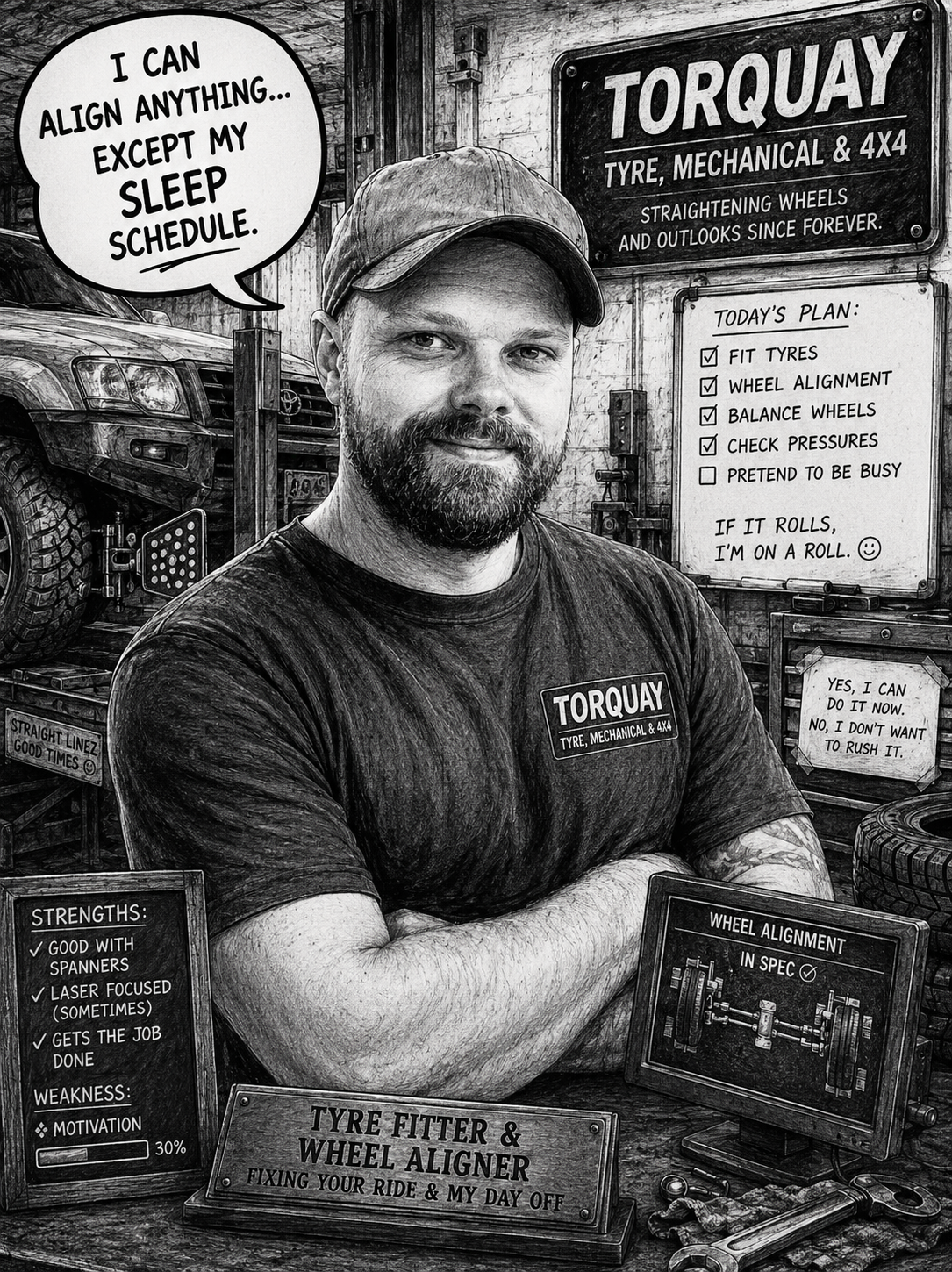 A man in a workshop with a beard and cap, standing with arms crossed in front of a whiteboard and tire equipment. A sign reads 'TORQUAY TYRE, MECHANICAL & 4X4.' The whiteboard lists a daily plan including fitting tires, wheel alignment, balancing wheels, and checking pressures. The man wears a T-shirt with the logo 'TORQUAY TYRE, MECHANICAL & 4X4.' The workspace has tools, tires, and posters, with one speech bubble saying, 'I CAN ALIGN ANYTHING... EXCEPT MY SLEEP SCHEDULE.'